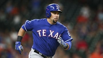 Sep 14, 2016; Houston, TX, USA; Texas Rangers designated hitter Carlos Beltran (36) hits an RBI double during the first inning against the Houston Astros at Minute Maid Park. Mandatory Credit: Troy Taormina-USA TODAY Sports