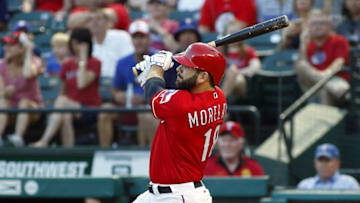 Aug 27, 2016; Arlington, TX, USA; Texas Rangers first baseman Mitch Moreland (18) watches his first inning grand slam against the Cleveland Indians at Globe Life Park in Arlington. Mandatory Credit: Ray Carlin-USA TODAY Sports