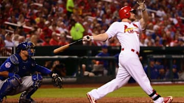 Sep 13, 2016; St. Louis, MO, USA; St. Louis Cardinals left fielder Brandon Moss (37) hits a two run home run off of Chicago Cubs starting pitcher Jason Hammel (not pictured) during the sixth inning at Busch Stadium. Mandatory Credit: Jeff Curry-USA TODAY Sports