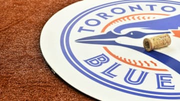 MONTREAL, QC - MARCH 26: A Toronto Blue Jays emblem is shown on the field against the Milwaukee Brewers during MLB spring training at Olympic Stadium on March 26, 2019 in Montreal, Quebec, Canada. The Toronto Blue Jays defeated the Milwaukee Brewers 2-0. (Photo by Minas Panagiotakis/Getty Images)