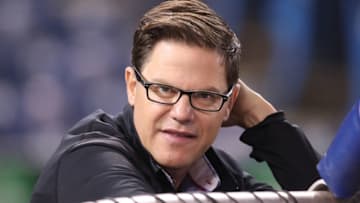 TORONTO, ON - MARCH 30: General manager Ross Atkins of the Toronto Blue Jays looks on during batting practice before the start of MLB game action against the Detroit Tigers at Rogers Centre on March 30, 2019 in Toronto, Canada. (Photo by Tom Szczerbowski/Getty Images)