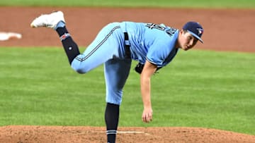 BALTIMORE, MD - AUGUST 18: Nate Pearson #24 of the Toronto Blue Jays pitches in the third inning during a baseball game against the Baltimore Orioles at Oriole Park at Camden Yards on August 18, 2020 in Baltimore, Maryland. (Photo by Mitchell Layton/Getty Images)