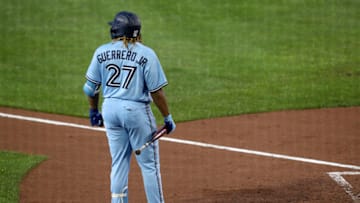 BUFFALO, NEW YORK - AUGUST 26: Vladimir Guerrero Jr. #27 of the Toronto Blue Jays during the fourth inning against the Boston Red Sox at Sahlen Field on August 26, 2020 in Buffalo, New York. The Blue Jays are the home team and are playing their home games in Buffalo due to the Canadian government’s policy on coronavirus (COVID-19). (Photo by Bryan M. Bennett/Getty Images)