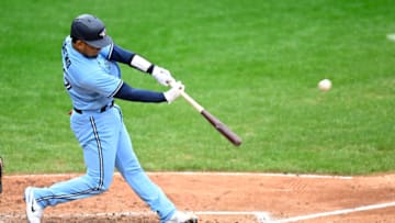 BALTIMORE, MARYLAND - OCTOBER 05: Gabriel Moreno #55 of the Toronto Blue Jays hits a three-run home run in the sixth inning against the Baltimore Orioles during game one of a doubleheader at Oriole Park at Camden Yards on October 05, 2022 in Baltimore, Maryland. (Photo by Greg Fiume/Getty Images)