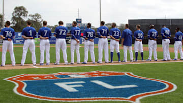 LAKELAND, FL- MARCH 02: The Toronto Blue Jays stand during the National Anthem before the game against the Philadelphia Phillies at Florida Auto Exchange Stadium on March 2, 2016 in Dunedin, Florida. (Photo by Justin K. Aller/Getty Images)
