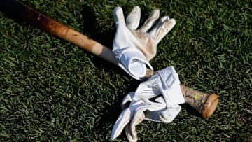 BALTIMORE, MD - APRIL 20: A bat and batting gloves sit on the grass before the start of the Toronto Blue Jays and Baltimore Orioles game at Oriole Park at Camden Yards on April 20, 2016 in Baltimore, Maryland. (Photo by Rob Carr/Getty Images)