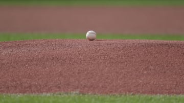 TORONTO, ON - SEPTEMBER 22: A baseball rests on the rubber on top of the mound before the start of the Toronto Blue Jays MLB game against the Tampa Bay Rays at Rogers Centre on September 22, 2018 in Toronto, Canada. (Photo by Tom Szczerbowski/Getty Images) *** Local Caption ***