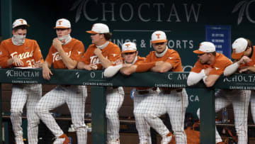 ARLINGTON, TEXAS - FEBRUARY 22: The Texas Longhorns during the 2021 State Farm College Baseball Showdown at Globe Life Field on February 22, 2021 in Arlington, Texas. (Photo by Ronald Martinez/Getty Images)