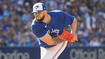 Aug 27, 2022; Toronto, Ontario, CAN; Toronto Blue Jays starting pitcher Alek Manoah (6) pitches to the Los Angeles Angels during the fifth inning at Rogers Centre. Mandatory Credit: John E. Sokolowski-USA TODAY Sports