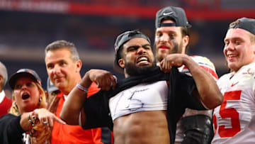 Jan 1, 2016; Glendale, AZ, USA; Ohio State Buckeyes running back Ezekiel Elliott celebrates following the game against the Notre Dame Fighting Irish during the 2016 Fiesta Bowl at University of Phoenix Stadium. The Buckeyes defeated the Fighting Irish 44-28. Mandatory Credit: Mark J. Rebilas-USA TODAY Sports