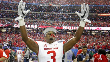 Dec 31, 2015; Atlanta, GA, USA; Houston Cougars cornerback William Jackson III (3) celebrates after defeating the Florida State Seminoles 38-24 during the 2015 Chick-fil-A Peach Bowl at the Georgia Dome. Mandatory Credit: Jason Getz-USA TODAY Sports