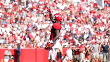 TUSCALOOSA, ALABAMA - SEPTEMBER 07: Henry Ruggs III #11 of the Alabama Crimson Tide reacts after this touchdown reception against the New Mexico State Aggies at Bryant-Denny Stadium on September 07, 2019 in Tuscaloosa, Alabama. (Photo by Kevin C. Cox/Getty Images)