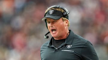 HOUSTON, TX - OCTOBER 27: Head coach Jon Gruden of the Oakland Raiders yells at the officials during a game against the Houston Texans at NRG Stadium on October 27, 2019 in Houston, Texas. (Photo by Wesley Hitt/Getty Images)