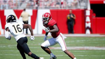 TUSCALOOSA, AL - SEPTEMBER 21: Trevon Diggs #7 of the Alabama Crimson Tide in action on defense during a game against the Southern Mississippi Golden Eagles at Bryant-Denny Stadium on September 21, 2019 in Tuscaloosa, Alabama. Alabama defeated Southern Miss 49-7. (Photo by Joe Robbins/Getty Images)