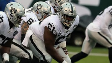 EAST RUTHERFORD, NY - NOVEMBER 24: Center Rodney Hudson #61 of the Oakland Raiders checks the defense against the New York Jets in the second half at MetLife Stadium on November 24, 2019 in East Rutherford, New Jersey. (Photo by Al Pereira/Getty Images).