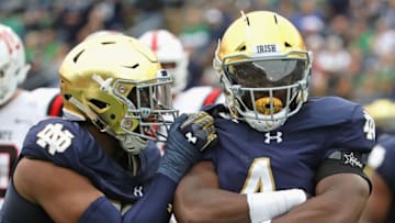 SOUTH BEND, IN - SEPTEMBER 08: Te'von Coney #4 of the Notre Dame Fighting Irish celebrates a sack with Khalid Kareem #53 against the Ball State Cardinals at Notre Dame Stadium on September 8, 2018 in South Bend, Indiana. (Photo by Jonathan Daniel/Getty Images)
