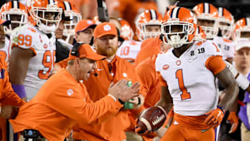 SANTA CLARA, CA - JANUARY 07: Head coach Dabo Swinney of the Clemson Tigers celebrates the interception by Trayvon Mullen #1 against the Alabama Crimson Tidein the CFP National Championship presented by AT&T at Levi's Stadium on January 7, 2019 in Santa Clara, California. (Photo by Harry How/Getty Images)