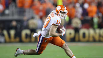 SANTA CLARA, CA - JANUARY 07: Hunter Renfrow #13 of the Clemson Tigers carries the ball after a catch against the Alabama Crimson Tide in the CFP National Championship presented by AT&T at Levi's Stadium on January 7, 2019 in Santa Clara, California. (Photo by Christian Petersen/Getty Images)