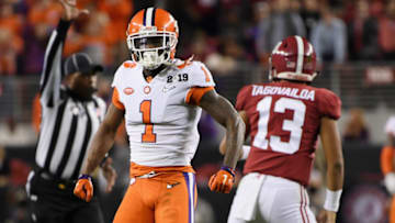 SANTA CLARA, CA - JANUARY 07: Trayvon Mullen #1 of the Clemson Tigers celebrates his sack against Tua Tagovailoa #13 of the Alabama Crimson Tide in the CFP National Championship presented by AT&T at Levi's Stadium on January 7, 2019 in Santa Clara, California. (Photo by Harry How/Getty Images)