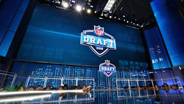 ARLINGTON, TX - APRIL 26: The 2018 NFL Draft logo is seen on a video board during the first round of the 2018 NFL Draft at AT&T Stadium on April 26, 2018 in Arlington, Texas. (Photo by Ronald Martinez/Getty Images)