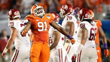 MIAMI GARDENS, FL - DECEMBER 31: Austin Bryant No. 91 of the Clemson Tigers celebrates after stopping the Oklahoma Sooners on fourth down in the third quarter during the 2015 Capital One Orange Bowl at Sun Life Stadium on December 31, 2015 in Miami Gardens, Florida. (Photo by Andy Lyons/Getty Images)