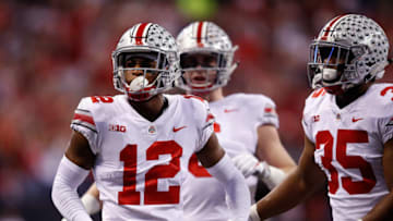 INDIANAPOLIS, IN - DECEMBER 02: Denzel Ward No. 12 of the Ohio State Buckeyes celebrates an interception against the Ohio State Buckeyes in the first half during the Big Ten Championship game at Lucas Oil Stadium on December 2, 2017 in Indianapolis, Indiana. (Photo by Joe Robbins/Getty Images)