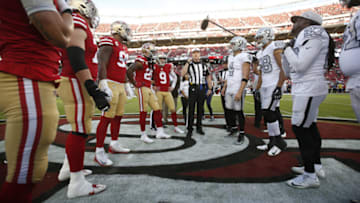 SANTA CLARA, CA - NOVEMBER 1: Captains of the San Francisco 49ers and the Oakland Raiders meet at midfield for the coin toss prior to the game at Levi's Stadium on November 1, 2018 in Santa Clara, California. The 49ers defeated the Raiders 34-3. (Photo by Michael Zagaris/San Francisco 49ers/Getty Images)