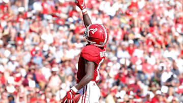 TUSCALOOSA, ALABAMA - SEPTEMBER 07: Henry Ruggs III #11 of the Alabama Crimson Tide reacts after this touchdown reception against the New Mexico State Aggies at Bryant-Denny Stadium on September 07, 2019 in Tuscaloosa, Alabama. (Photo by Kevin C. Cox/Getty Images)