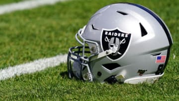 OAKLAND, CALIFORNIA - SEPTEMBER 15: A detailed view of an Oakland Raiders helmet prior to the game against the Kansas City Chiefs at RingCentral Coliseum on September 15, 2019 in Oakland, California. (Photo by Daniel Shirey/Getty Images)