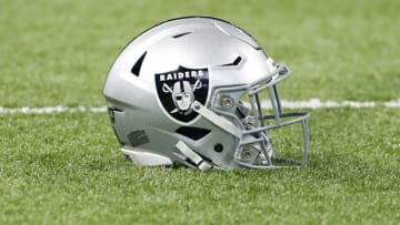 INDIANAPOLIS, INDIANA - SEPTEMBER 29: An Oakland Raiders helmet on the field before the game against the Indianapolis Colts at Lucas Oil Stadium on September 29, 2019 in Indianapolis, Indiana. (Photo by Justin Casterline/Getty Images)