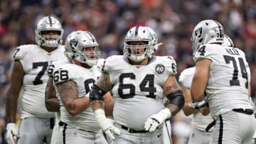 HOUSTON, TX - OCTOBER 27: Richie Incognito #64 of the Oakland Raiders breaks the huddle during a game against the Houston Texans at NRG Stadium on October 27, 2019 in Houston, Texas. The Texans defeated the Raiders 27-24. (Photo by Wesley Hitt/Getty Images)