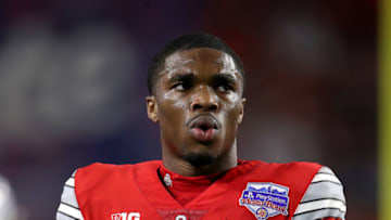 GLENDALE, ARIZONA - DECEMBER 28: Jeff Okudah #1 of the Ohio State Buckeyes warms up prior to the College Football Playoff Semifinal against the Clemson Tigers at the PlayStation Fiesta Bowl at State Farm Stadium on December 28, 2019 in Glendale, Arizona. (Photo by Christian Petersen/Getty Images)