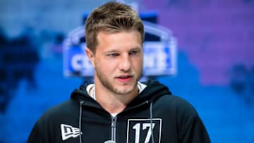 INDIANAPOLIS, IN - FEBRUARY 25: Adam Trautman #TE17 of the Dayton Flyers speaks to the media at the Indiana Convention Center on February 25, 2020 in Indianapolis, Indiana. (Photo by Michael Hickey/Getty Images) *** Local Capture *** Adam Trautman