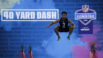 INDIANAPOLIS, IN - MARCH 01: Defensive back Essang Bassey of Wake Forest prepares to run the 40-yard dash during the NFL Combine at Lucas Oil Stadium on February 29, 2020 in Indianapolis, Indiana. (Photo by Joe Robbins/Getty Images)