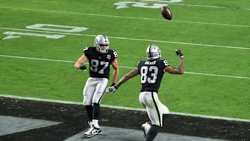 LAS VEGAS, NEVADA - NOVEMBER 22: Tight end Darren Waller #83 of the Las Vegas Raiders celebrates his 3-yard touchdown catch against the Kansas City Chiefs with tight end Foster Moreau #87 during the second half of their game at Allegiant Stadium on November 22, 2020 in Las Vegas, Nevada. (Photo by Chris Unger/Getty Images)