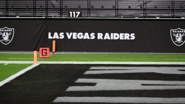 LAS VEGAS, NEVADA - DECEMBER 17: Las Vegas Raiders logos are shown on a wall before a game between the Raiders and the Los Angeles Chargers at Allegiant Stadium on December 17, 2020 in Las Vegas, Nevada. The Chargers defeated the Raiders 30-27 in overtime. (Photo by Ethan Miller/Getty Images)