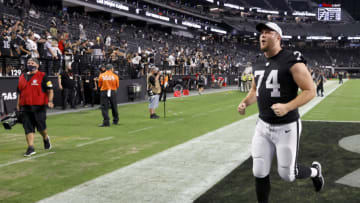 LAS VEGAS, NEVADA - AUGUST 14: Offensive tackle Kolton Miller #74 of the Las Vegas Raiders runs off the field after the team's 20-7 victory over the Seattle Seahawks during a preseason game at Allegiant Stadium on August 14, 2021 in Las Vegas, Nevada. The Raiders defeated the Seahawks 20-7. (Photo by Ethan Miller/Getty Images)