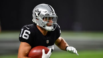 LAS VEGAS, NEVADA - AUGUST 14: Wide receiver Dillon Stoner #16 of the Las Vegas Raiders returns a punt during a preseason game against the Seattle Seahawks at Allegiant Stadium on August 14, 2021 in Las Vegas, Nevada. The Raiders defeated the Seahawks 20-7. (Photo by Chris Unger/Getty Images)