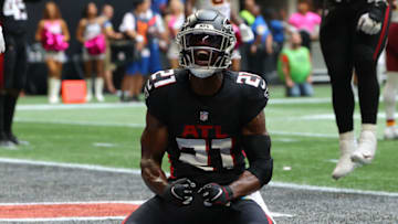 ATLANTA, GEORGIA - OCTOBER 03: Duron Harmon #21 of the Atlanta Falcons reacts in the end zone during the game against the Washington Football Team at Mercedes-Benz Stadium on October 03, 2021 in Atlanta, Georgia. (Photo by Kevin C. Cox/Getty Images)