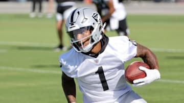 HENDERSON, NEVADA - JULY 21: Wide receiver Tyron Johnson #1 of the Las Vegas Raiders practices during training camp at the Las Vegas Raiders Headquarters/Intermountain Healthcare Performance Center on July 21, 2022 in Henderson, Nevada. (Photo by Ethan Miller/Getty Images)
