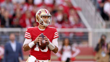 SANTA CLARA, CALIFORNIA - NOVEMBER 27: Jimmy Garoppolo #10 of the San Francisco 49ers looks to pass the ball against the New Orleans Saints at Levi's Stadium on November 27, 2022 in Santa Clara, California. (Photo by Ezra Shaw/Getty Images)