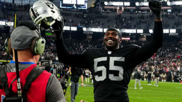 LAS VEGAS, NEVADA - DECEMBER 18: Chandler Jones #55 of the Las Vegas Raiders celebrates after a game against the New England Patriots at Allegiant Stadium on December 18, 2022 in Las Vegas, Nevada. (Photo by Jeff Bottari/Getty Images)