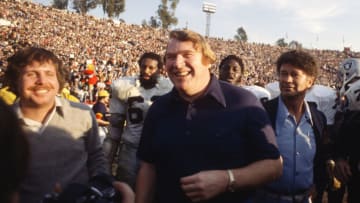 PASADENA, CA- JANUARY 9: Head Coach John Madden of the Oakland Raiders celebrates after they defeated the Minnesota Vikings in Super Bowl XI on January 9, 1977 at the Rose Bowl in Pasadena, California. The Raiders won the Super Bowl 32 -14. (Photo by Focus on Sport/Getty Images)