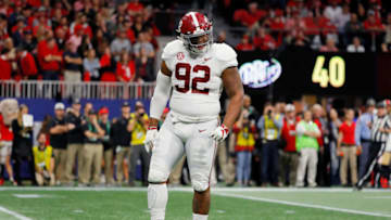 ATLANTA, GA - DECEMBER 01: Quinnen Williams #92 of the Alabama Crimson Tide reacts after sacking Jake Fromm #11 of the Georgia Bulldogs (not pictured) in the first half during the 2018 SEC Championship Game at Mercedes-Benz Stadium on December 1, 2018 in Atlanta, Georgia. (Photo by Kevin C. Cox/Getty Images)