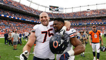 Sep 15, 2019; Denver, CO, USA; Chicago Bears guard Kyle Long (75) celebrates with linebacker Khalil Mack (52) after the game against the Denver Broncos at Empower Field at Mile High. Mandatory Credit: Isaiah J. Downing-USA TODAY Sports
