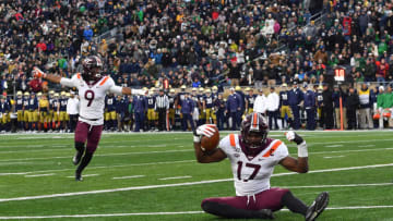 Nov 2, 2019; South Bend, IN, USA; Virginia Tech Hokies safety Divine Deablo (17) celebrates after an interception in the fourth quarter against the Notre Dame Fighting Irish at Notre Dame Stadium. Mandatory Credit: Matt Cashore-USA TODAY Sports