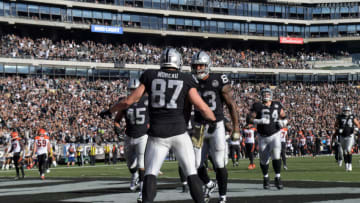 Nov 17, 2019; Oakland, CA, USA; Oakland Raiders tight end Foster Moreau (87) celebrates with tight end Darren Waller (83) after scoring on a two-yard touchdown reception in the second quarter against the Cincinnati Bengals at Oakland-Alameda County Coliseum. Mandatory Credit: Kirby Lee-USA TODAY Sports