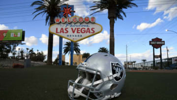 Dec 17, 2020; Paradise, Nevada, USA; A general view of a Las Vegas Raiders helmet at the Welcome to Fabulous Las Vegas sign on the Las Vegas strip. Mandatory Credit: Kirby Lee-USA TODAY Sports
