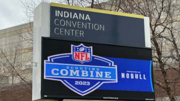 Feb 27, 2023; Indianapolis, IN, USA; The 2023 NFL Combine logo on the Indiana Convention Center marquee sign. Mandatory Credit: Kirby Lee-USA TODAY Sports