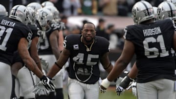 Dec 20, 2015; Oakland, CA, USA; Oakland Raiders fullback Marcel Reece (45) is introduced before of an NFL football game against the Green Bay Packers at O.co Coliseum. Mandatory Credit: Kirby Lee-USA TODAY Sports